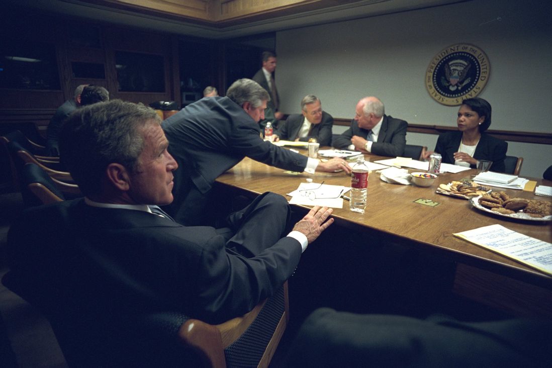 Bush meets with Secretary of Defense Donald Rumsfeld, Vice President Dick Cheney, National Security Adviser Condoleezza Rice, and White House Chief of Staff Andrew Card after addressing the nation. </br>